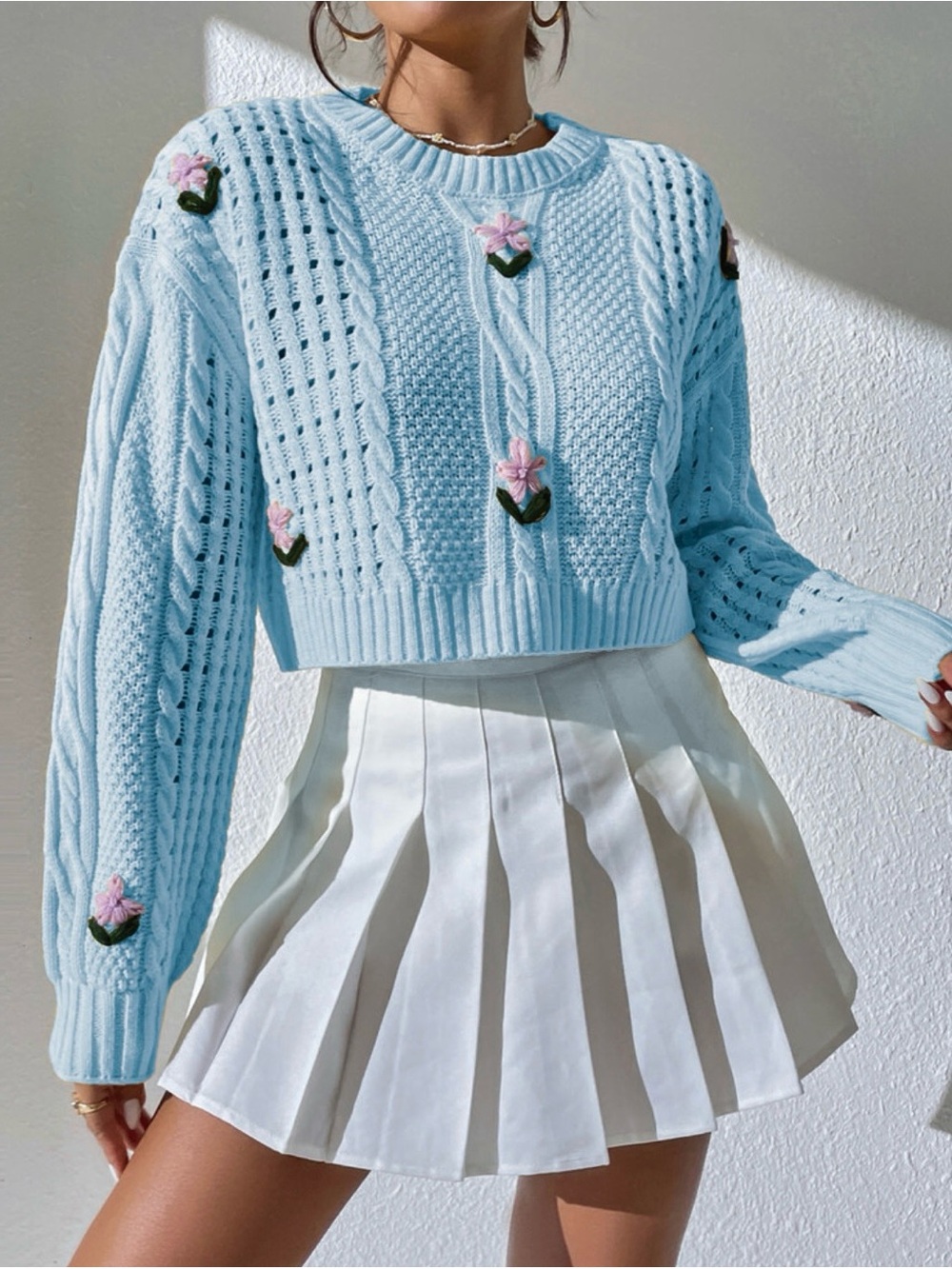 Shein Light Blue Cable Knit Cropped Sweater with Floral Embroidery